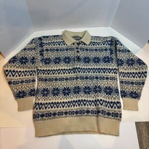 Vtg 100% Pure New‎ Wool Crewfield Convertible Fair Isle Snowflake Polo Sweater L